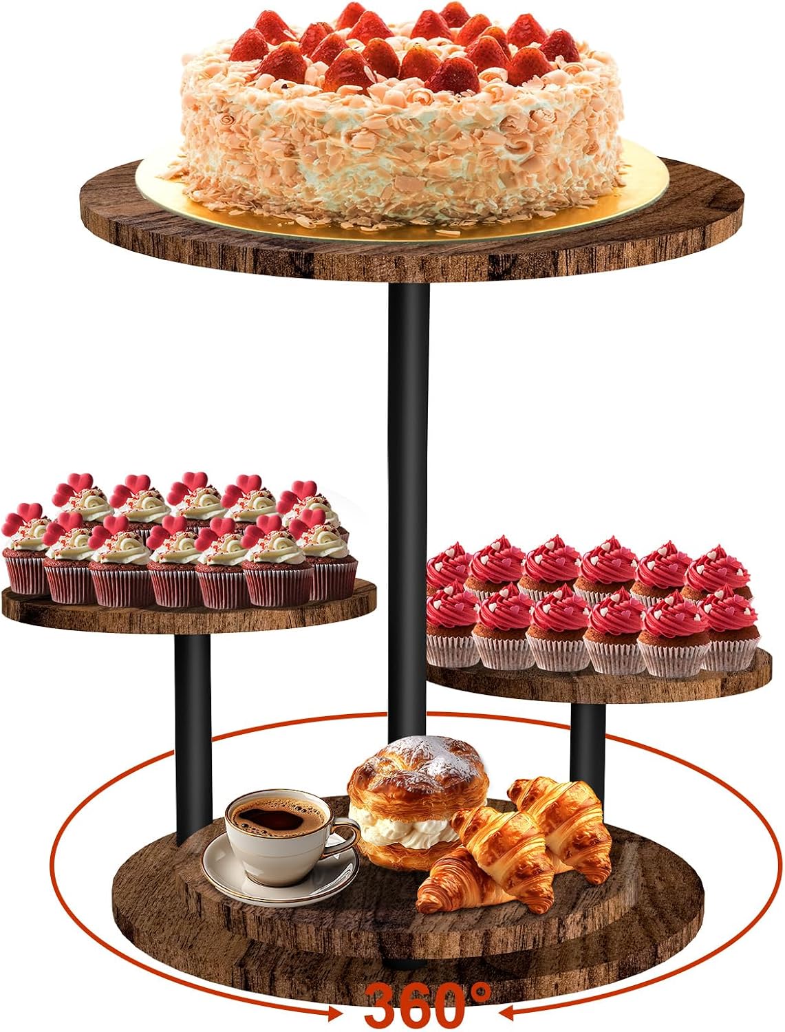 Cupcake Woods Floor 360° Rotating 4 Layer Cupcake Display Flower Shape Fruit Bowl Tray Easy to Assemble for Parties, Weddings, Festivals