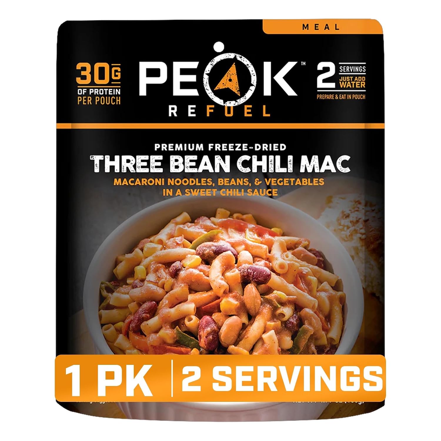 Peak Refuel Three Bean Chili Mac Freeze Dried Camping Meal, 30g Protein