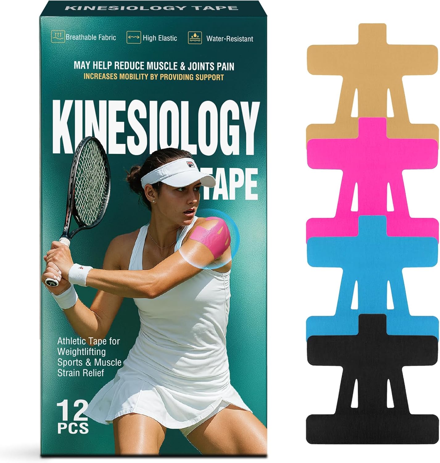 Kinesiology Tape for Shoulder & Full-Body Support – Breathable, High-Elastic, Water-Resistant Athletic Tape, 12-Pack