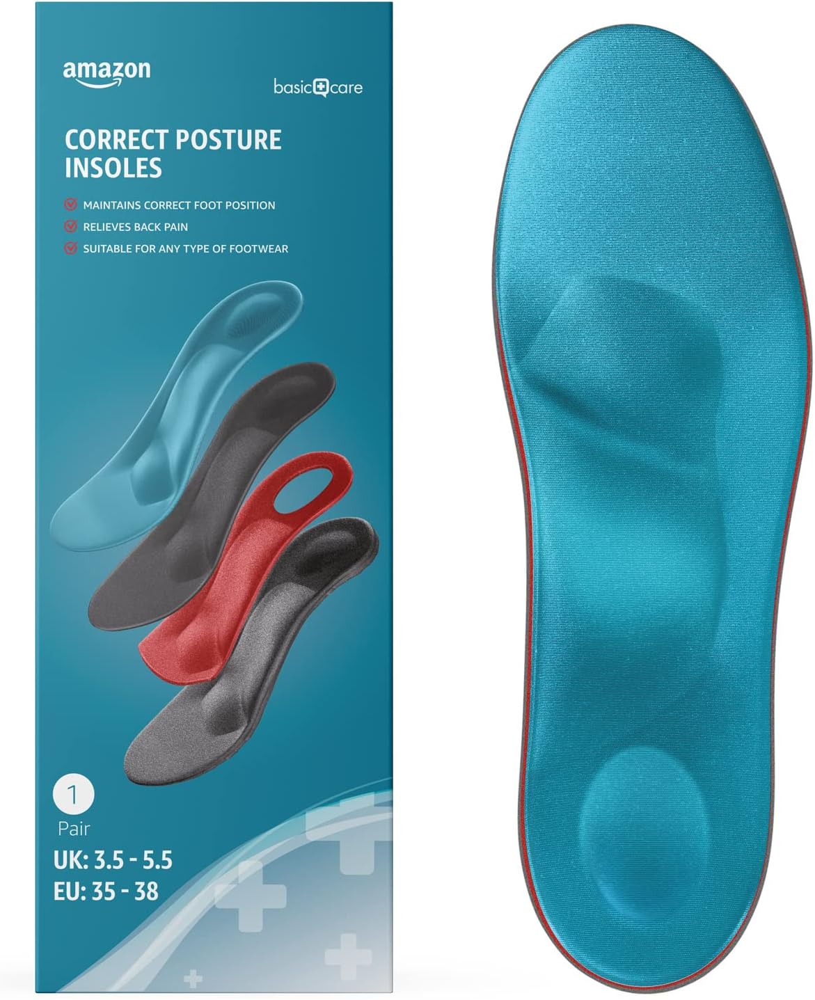 Amazon Basic Care - Correct Foot Posture Insoles, Size 35 - 38, Blue