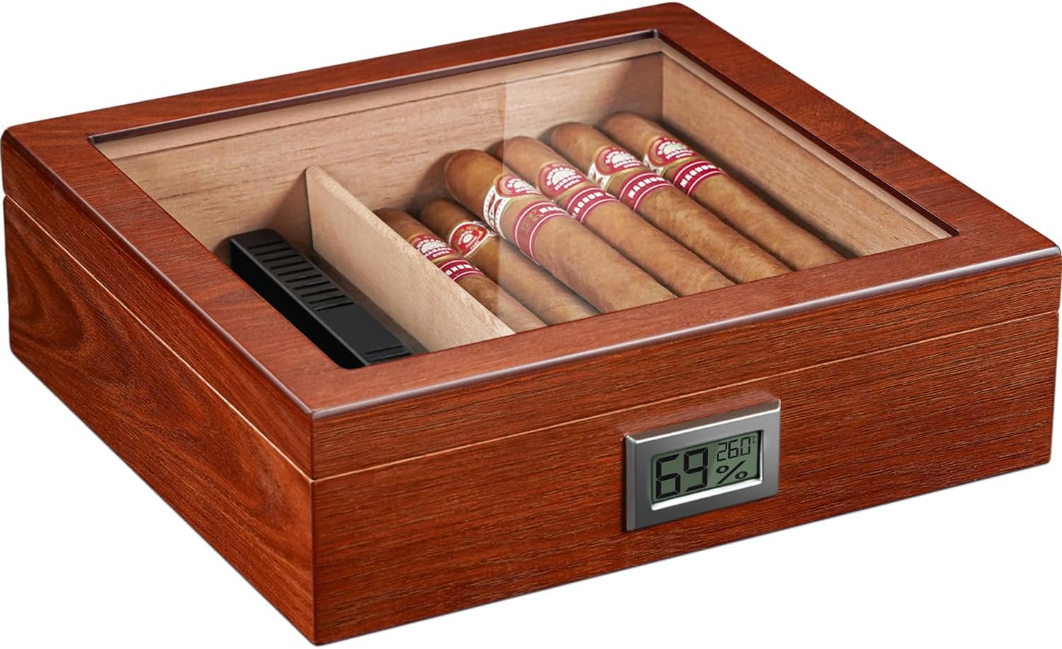 Flauno Cigar Humidor with Digital Hygrometer, Holds up to 40 Cigars, Cedar Wood Lining, Humidifier, Divider
