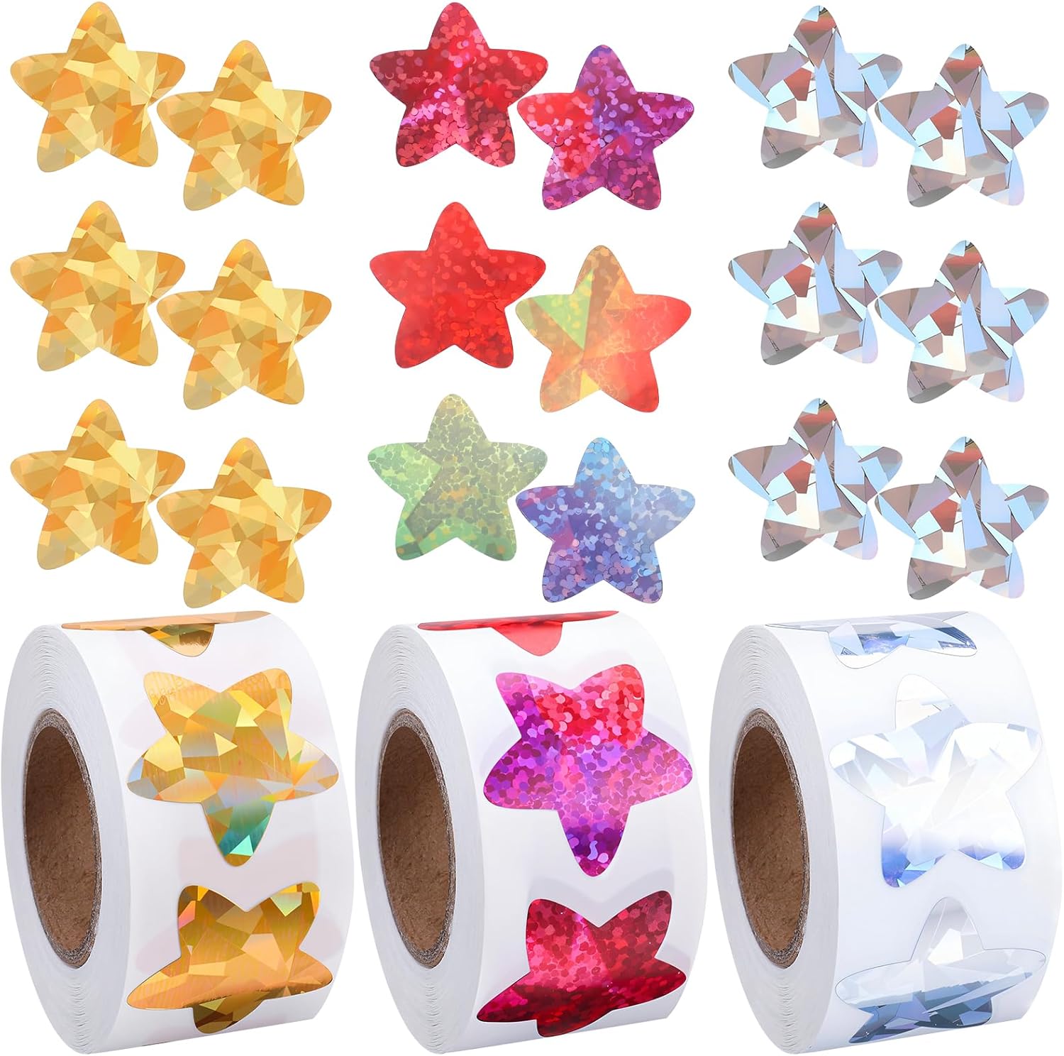 1500Pcs Shiny Reward Stickers, 3 Rolls Star Stickers, Reward Sticker for Children,Motivational Holographic Star Sticker for Children Students Teachers Classroom