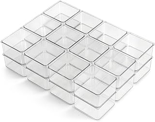 Hudgan 24 PCS Clear Plastic Drawer Organizer Set Stackable Square Vanity Organizers and storage for Makeup, Bathroom, Office Desk
