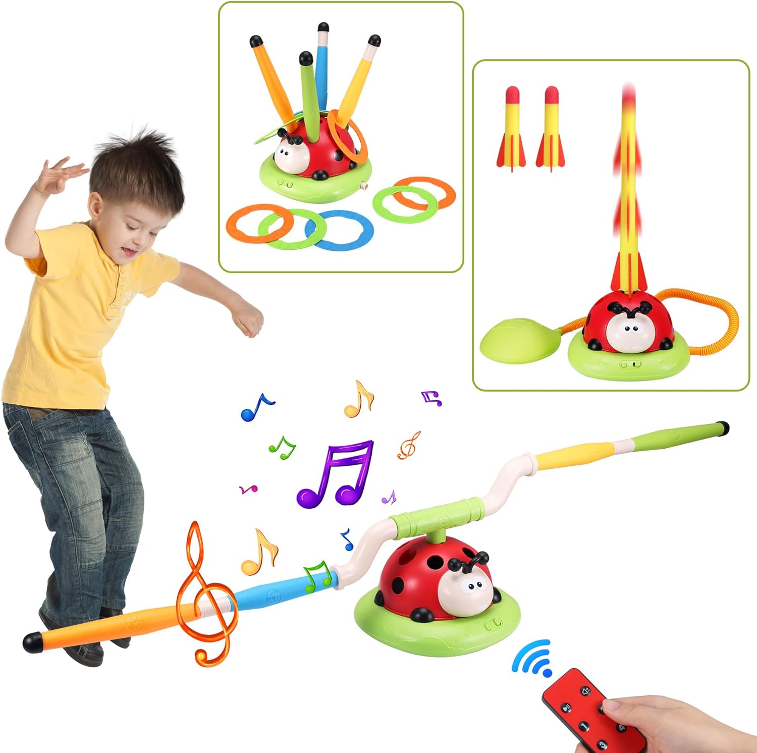 3 in 1 Children's Sports Set, Musical Jump, Toss Ring Game Toys, Stomping Launch Rocket Launcher for Kids, Sports Outdoors Toys for Ages 5-7 with Remote Control Outside Toy for Kids Ages 4-8 8-13