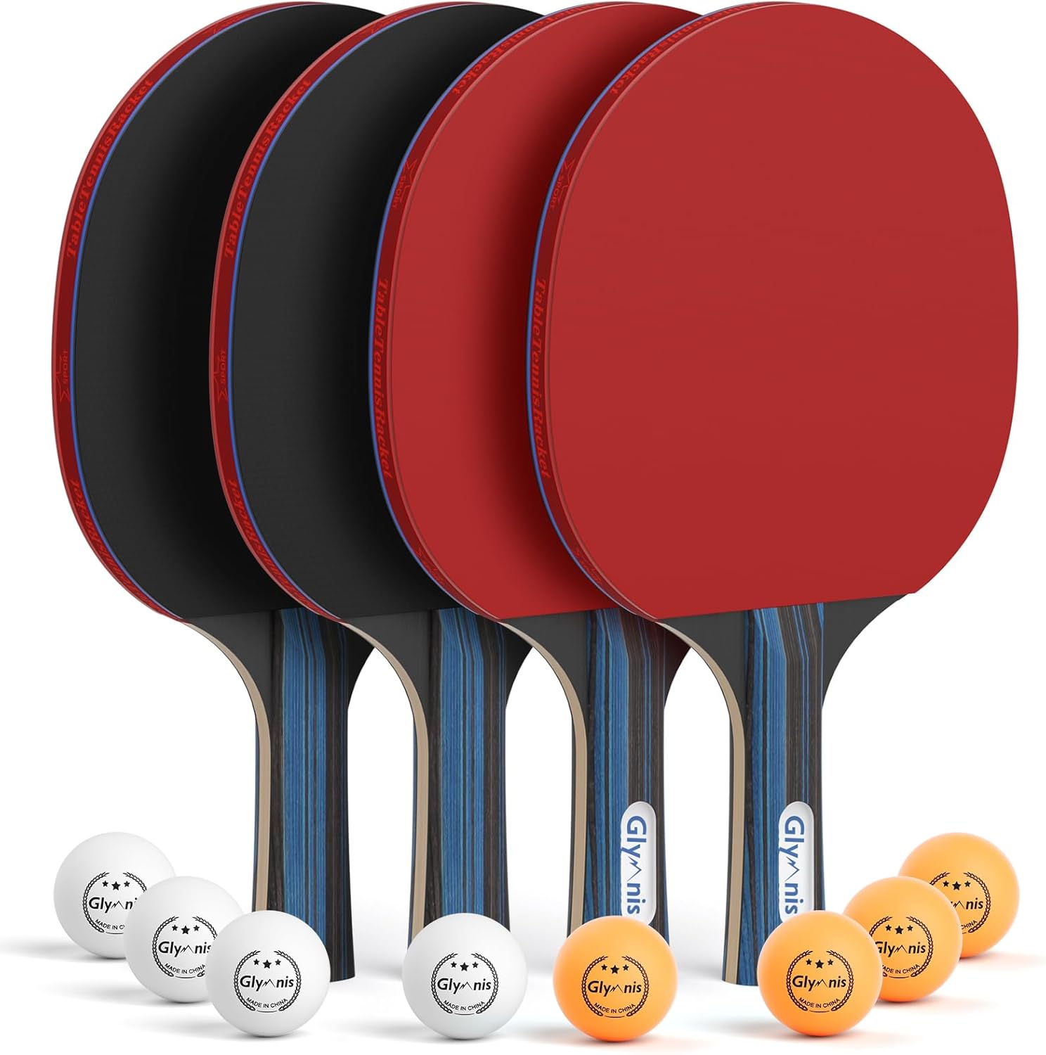 Glymnis Table Tennis Set Portable Ping Pong Set with 4 Premium Table Tennis Paddles, 8 Professional Game Balls and Portable Storage Bag