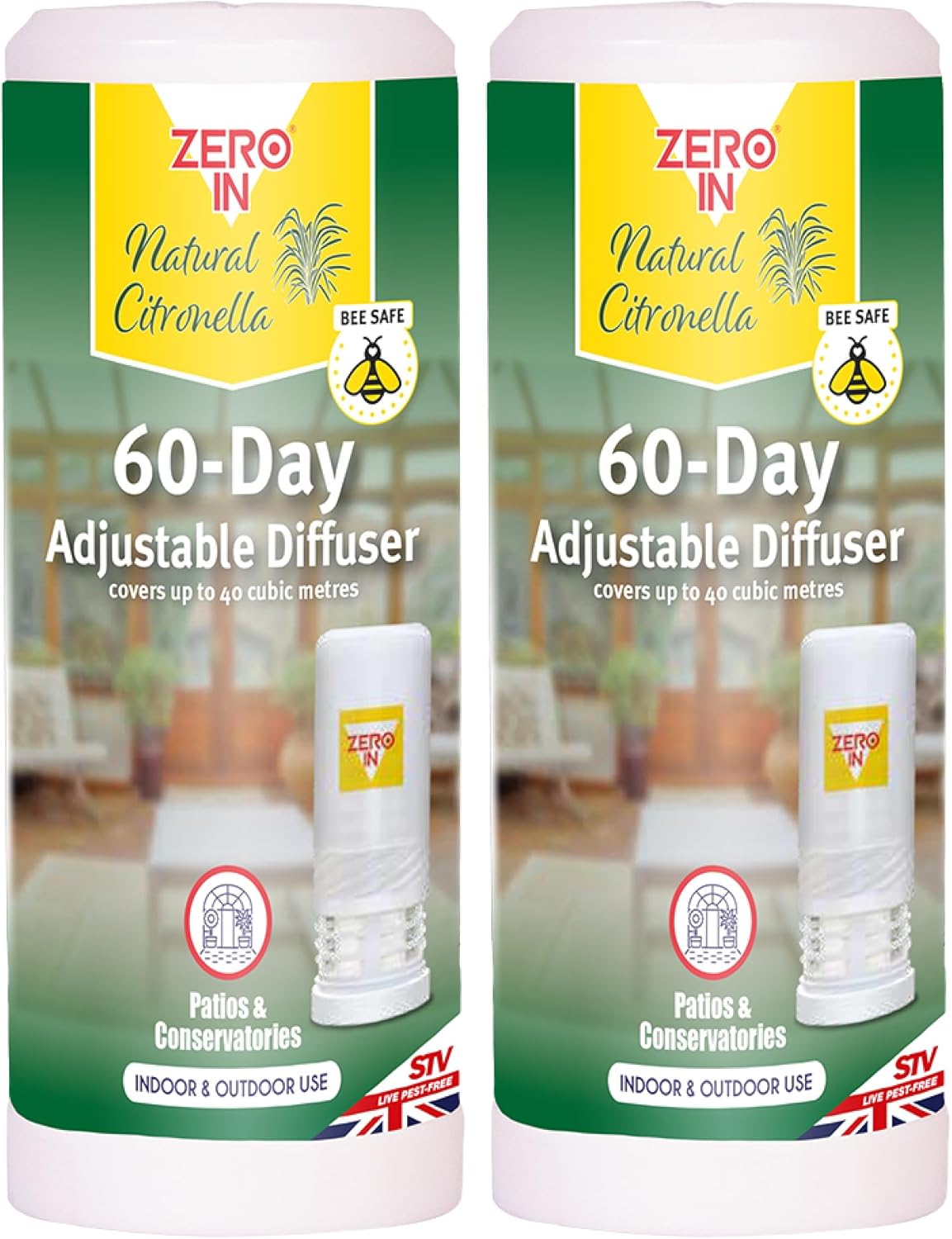 Zero In 60-Day Citronella Diffuser – Portable Bug Repellent for Indoor & Outdoor Use with Adjustable Intensity - Pet-Safe, Fast-Acting Protection for Home, Garden, Patios & Travel - Multi Packs X2