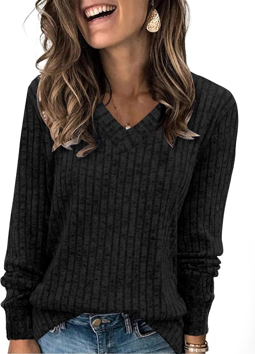 SAMPEEL V Neck Long Sleeve Shirts for Women Casual Fall Tops Lightweight Tunic Sweaters Fashion Clothes 2025