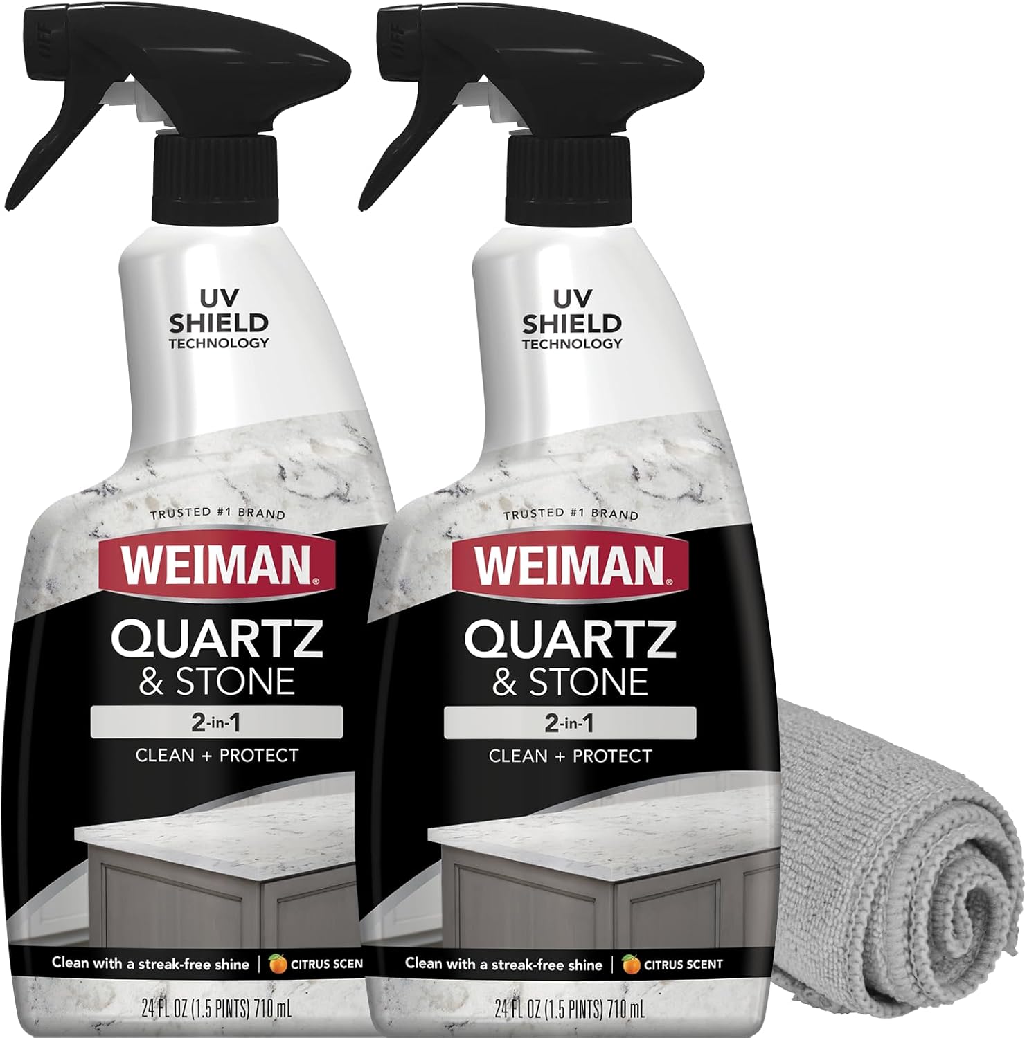 Weiman Quartz Countertop Cleaner and Polish - Clean and Shine Your Countertops Islands and Stone Surfaces with UV Protection, 24 Ounce with MicroFiber Towel, 2 Pack