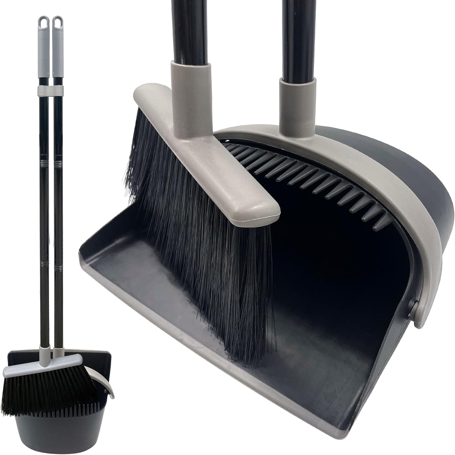 Long Handled Dustpan and Brush Set – Broom and Dustpan Set Reduce Bending Tall Lobby Dustpan and Sweeping Brush (Black & Grey)