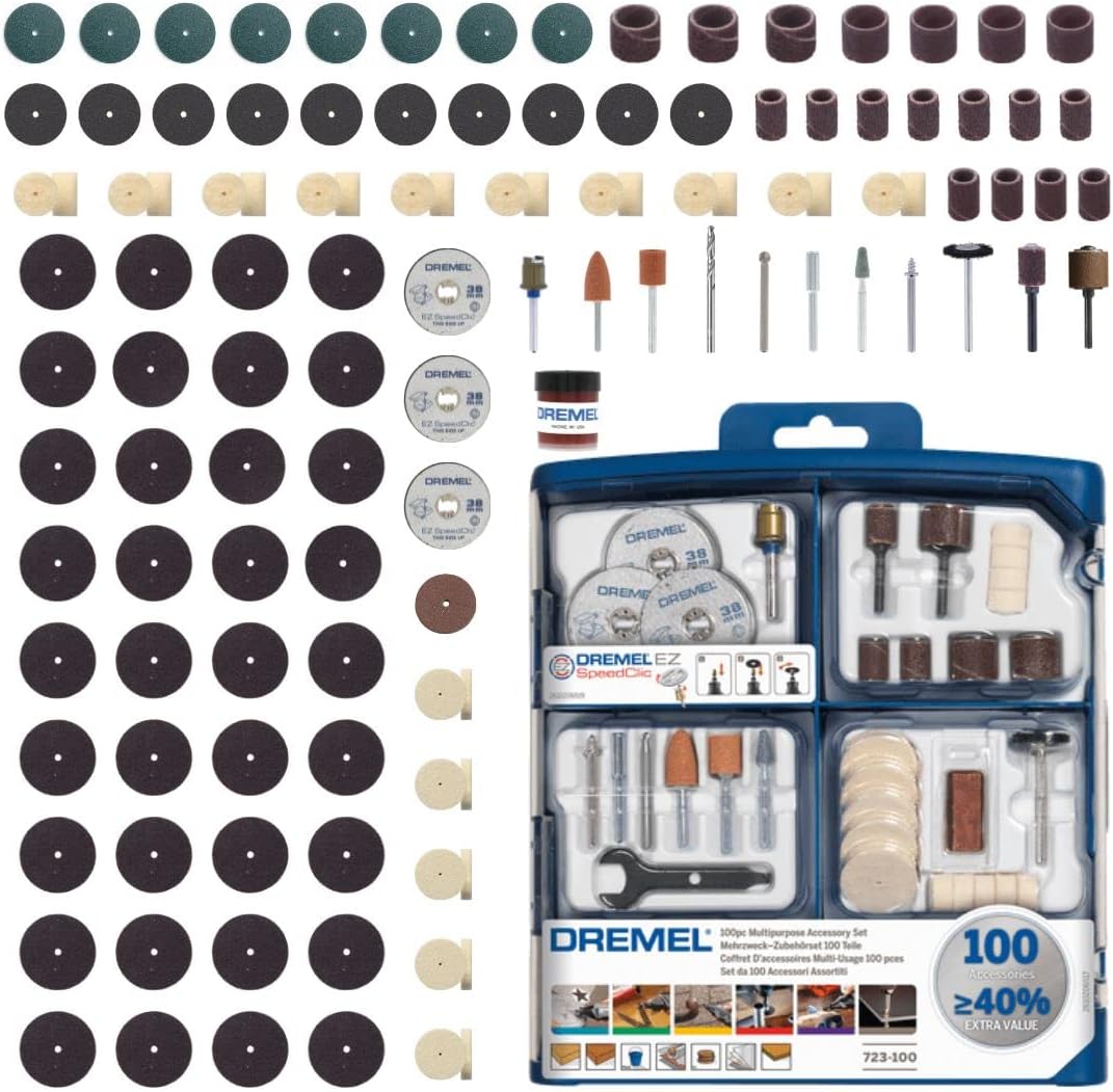 Dremel 723 EZ SpeedClic Accessory Set - 100 Rotary Tool Accessories for Cutting, Carving, Sanding, Cleaning, Grinding, Polishing, Sharpening, 2615S723JA