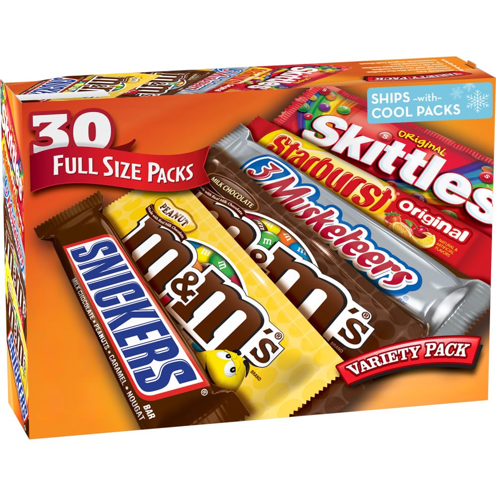 Mars M&M'S, SNICKERS, 3 MUSKETEERS, SKITTLES & STARBURST Variety Pack Full Size Bulk Candy Assortment, 56.11 oz, 30 Count