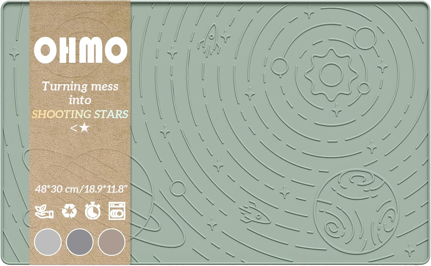 OHMO Dog Food Mat, Waterproof Silicone Cat Food Mat with Raised Edge, Galaxy Pattern Pet Feeding Mat Placemat, Non-Skid Cat Dog Bowl Mat (Light Green, 48 * 30cm)