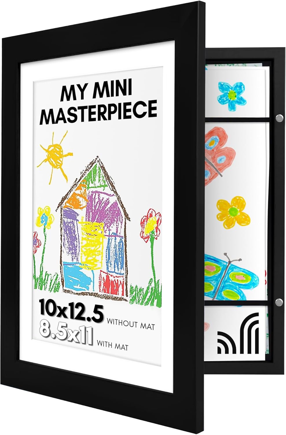 Americanflat Kids Artwork Frame Changeable (Black) - Magnetic Door Holds 100 Art Pieces - 8.5x11 Letter Size Display with Mat or 10x12.5 Without Mat - My Mini Masterpiece