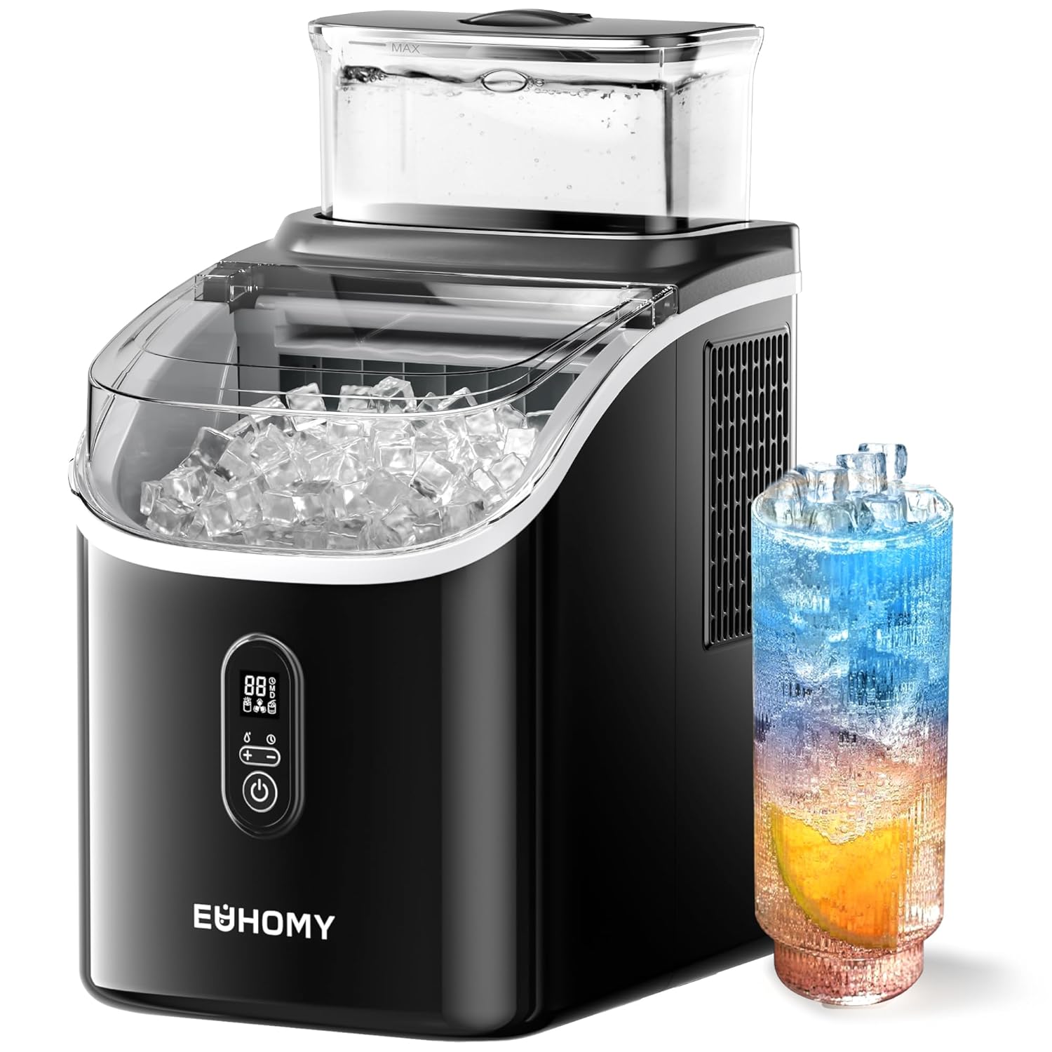 EUHOMY Ice Cube Maker Machine Countertop with External Water Tank, 34Lbs, 16Pcs Ready in 13 Mins, 2 Ways to Add Water, Auto-Cleaning, with Ice Scoop & Basket, for Home/Kitchen/Office/Bar (Black)