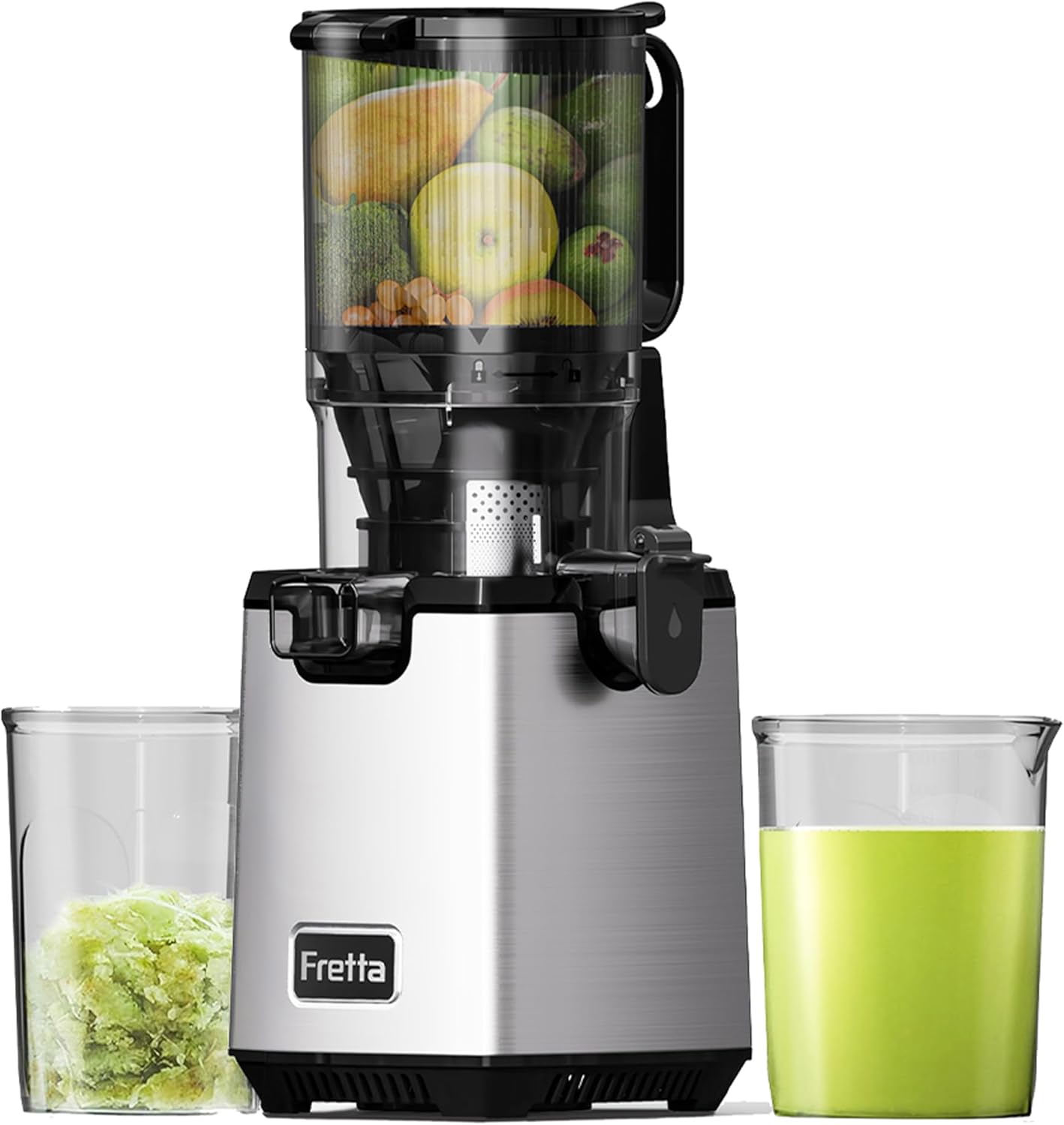 Fretta Cold Press Juicer Machines,Masticating Juicer with 135MM Feed Chute for Whole Fruits,Easy Clean Self-Feeding Slow Juicer,High Juice Yield Extractor, PCTG Material BPA-Free,250W (Grey)