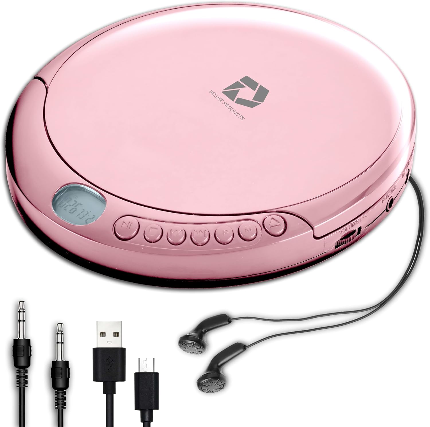 CD Player Portable with 60 Second Anti Skip, Stereo Earbuds, Includes Aux in Cable and AC USB Power Cable for use at Home or in Car. Pink