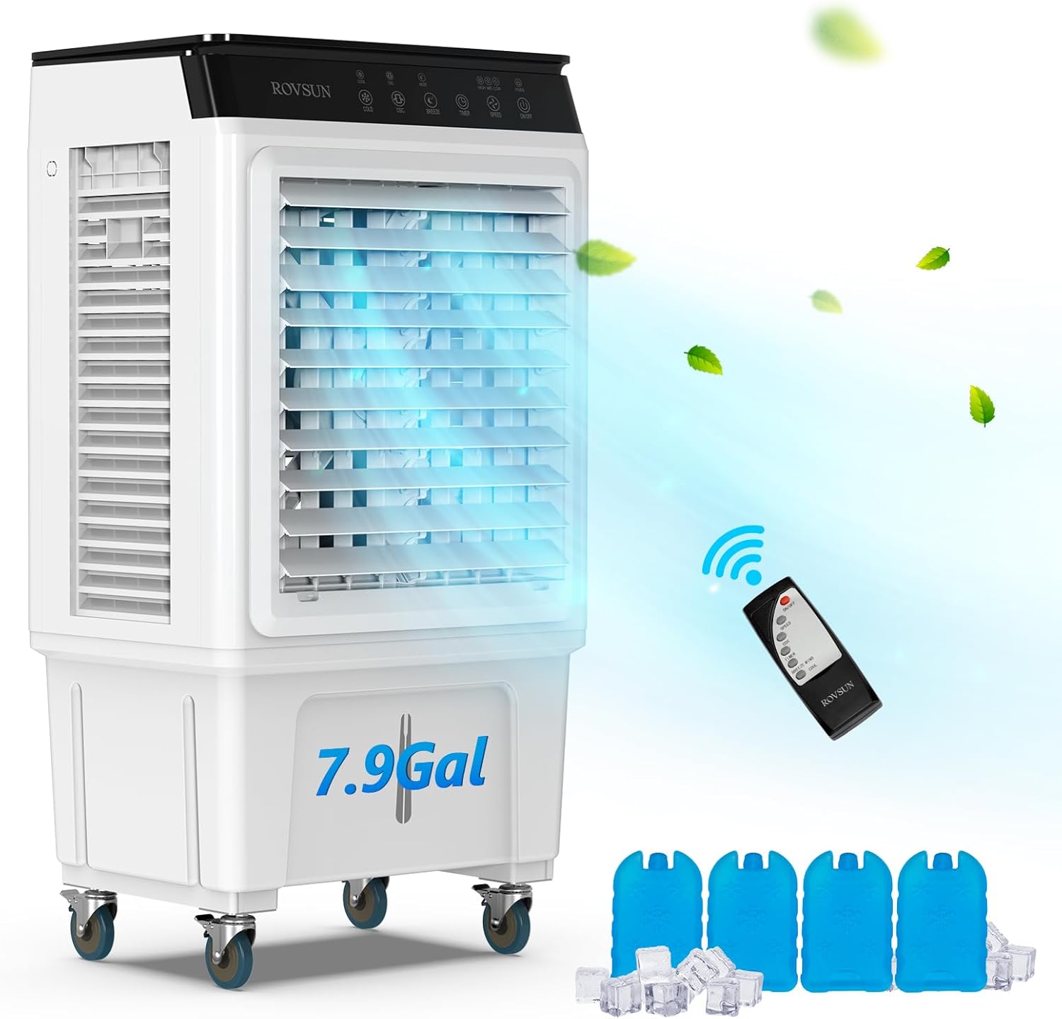 ROVSUN 7.9Gal Portable Swamp Cooler, 2300CFM Evaporative Air Cooler with Auto Oscillating, Remote, 3 Speeds, 12H Timer & 4 Ice Packs, 3-IN-1 Humidifying Cooling Fan Indooor Outdoor Patio Garage