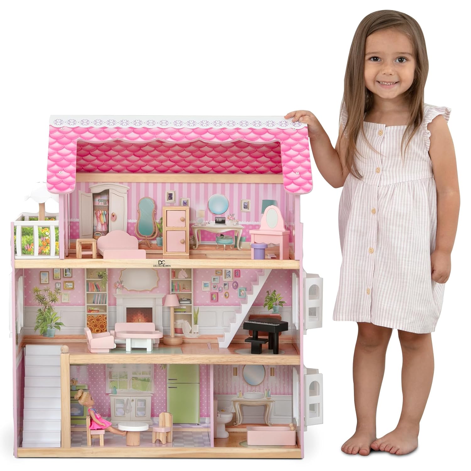 Delta Children Little Gem Dollhouse - 3-Story Dollhouse with 4 Rooms - Includes 16 Accessories - Fits 5-inch Dolls - Pretend Play Dream Gift for Ages 3+