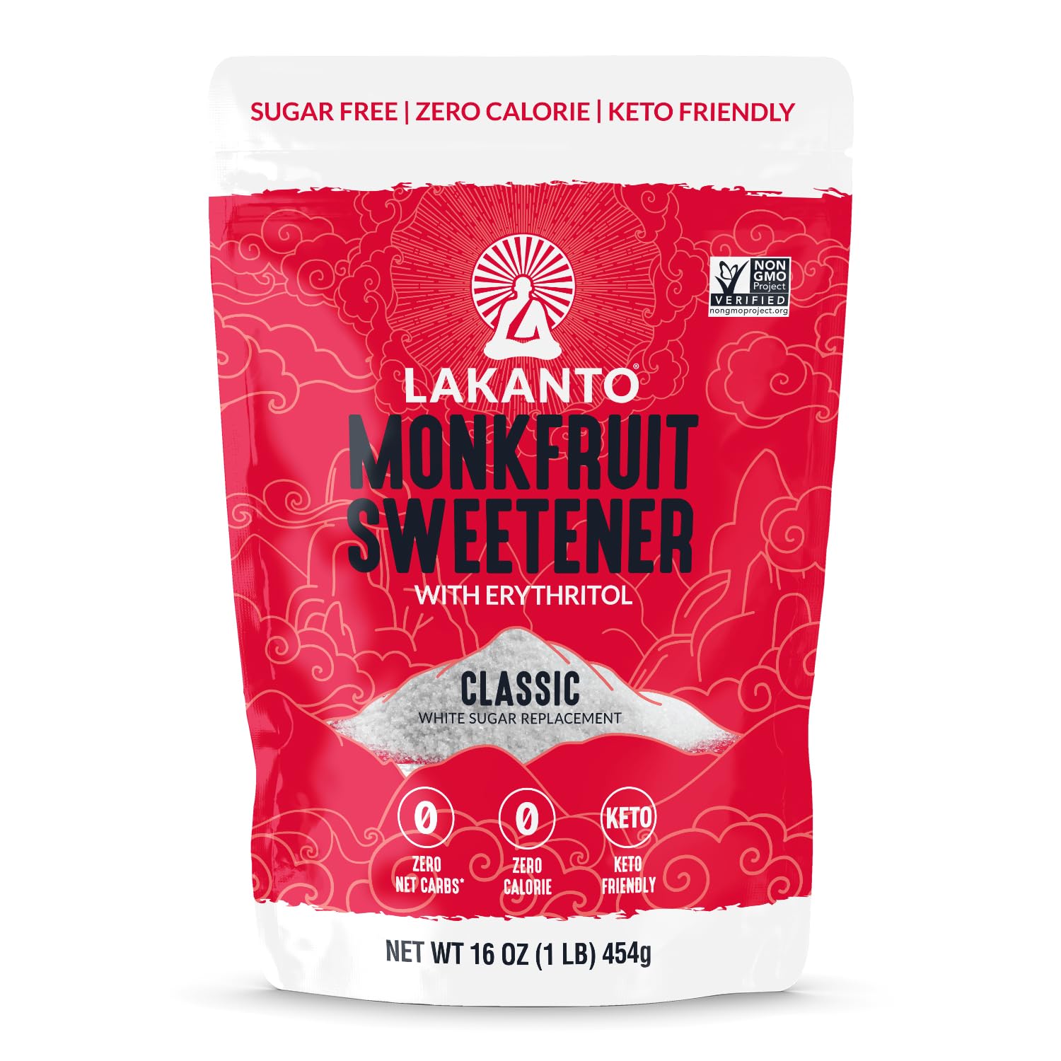 Lakanto Monk Fruit Sweetener With Erythritol, White Sugar Substitute From Monk Fruit Extract, Classic White Sugar Replacement for Baking, Coffee & Tea, Gluten Free, Low Carb, Non GMO, Keto, 1 LB Bag