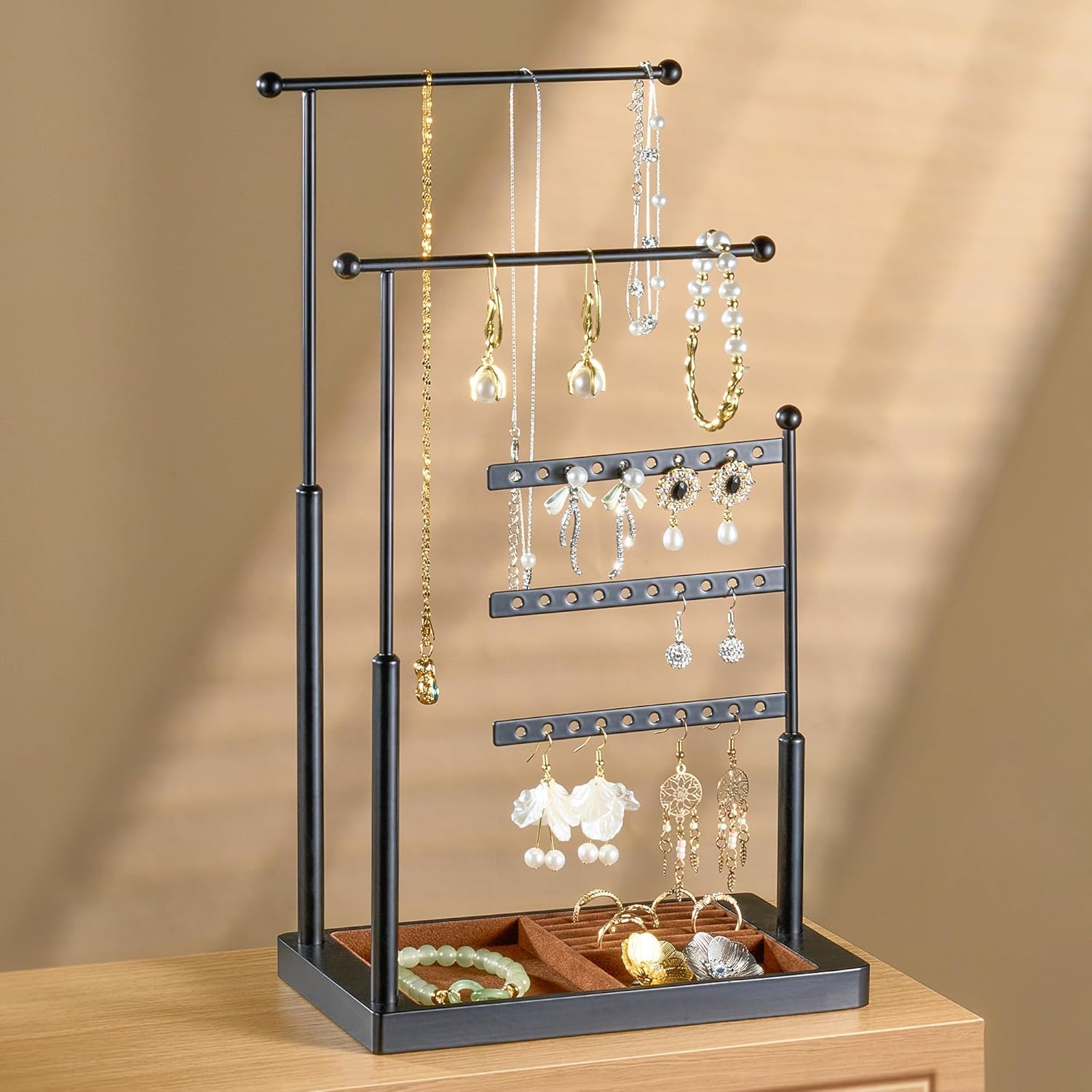 pickpiff Jewelry Organizer Holder Stand: 3 Tier Jewelry Storage Display for Necklace, Bracelet, Earring, Ring, Black & Brown