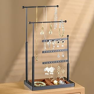 pickpiff Jewelry Organizer Holder Stand: 3 Tier Jewelry Storage Display for Necklace, Bracelet, Earring, Ring, Black & Brown