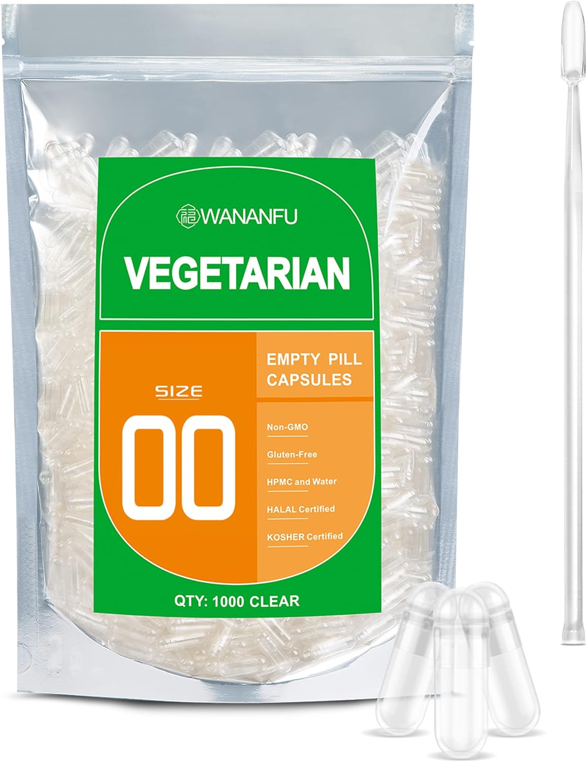 WANANFU Size 00 Empty Capsules Vegetarian (1000 Count) Bundle with Micro Lab Spoon with Powder Tamper, Compatible with Capsule Filling Machine