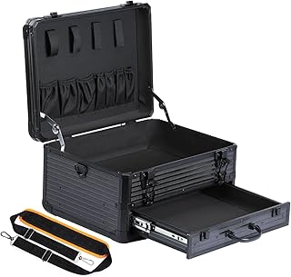 Portable Tool Box, Aluminum Tool Storage Box with Drawer and Adjustable Shoulder Strap, Electrical Tool Box Organizer for Workshop, Garage, Household