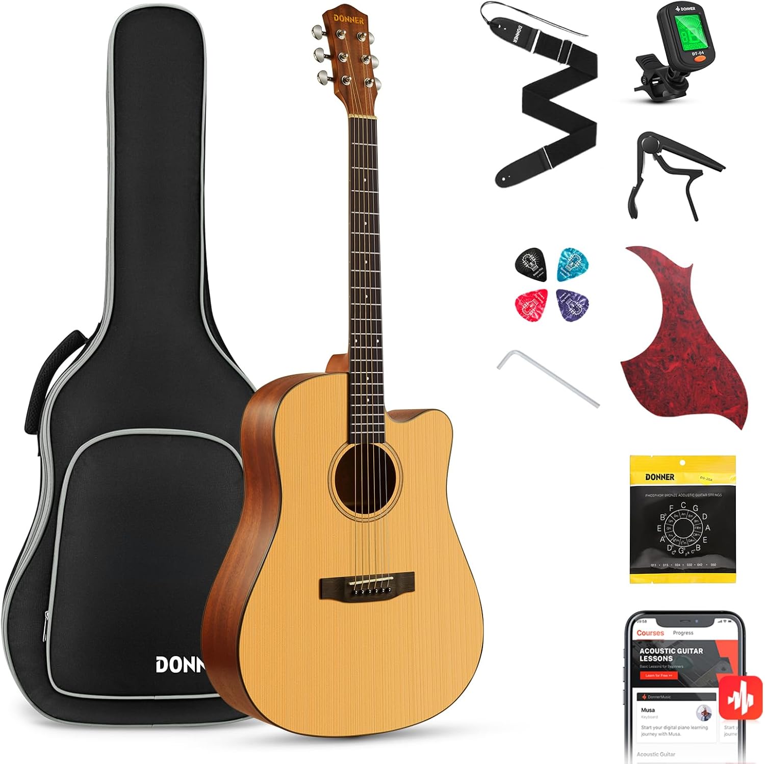 Donner Acoustic Guitar for Adult Beginners, Full Size 4/4 Cutaway Guitar Package 41'' Spruce Mahogany with Gig Bag Tuner Strap Strings Capo Picks (DAG-1C)
