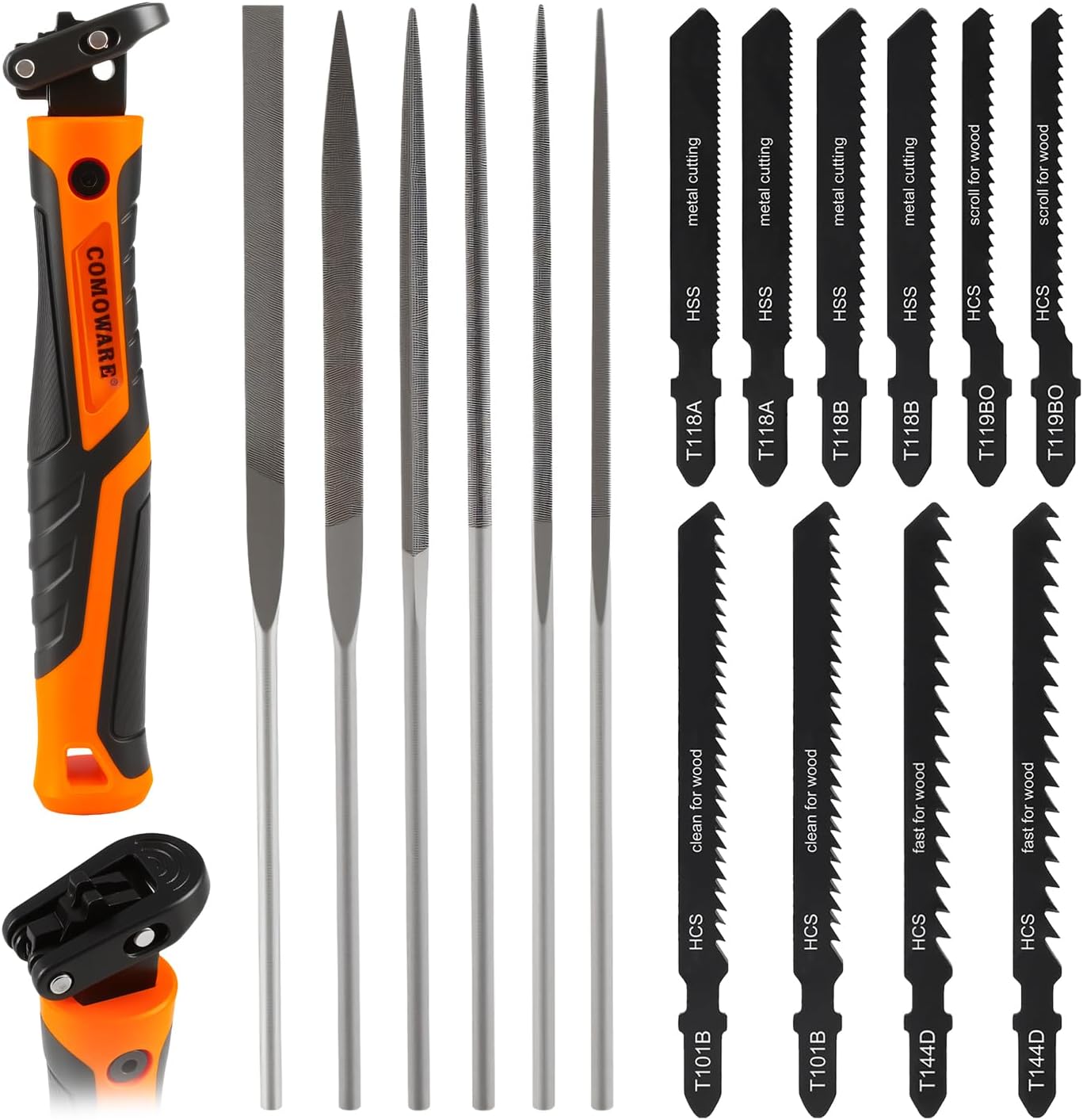COMOWARE 17Pcs Handsaw & File Set with Blade Quick Change Mechanism, 10 Saw Blades & 6 Precision Files for Woodworking, DIY, Model Crafting, PVC/Metal Cutting Tools