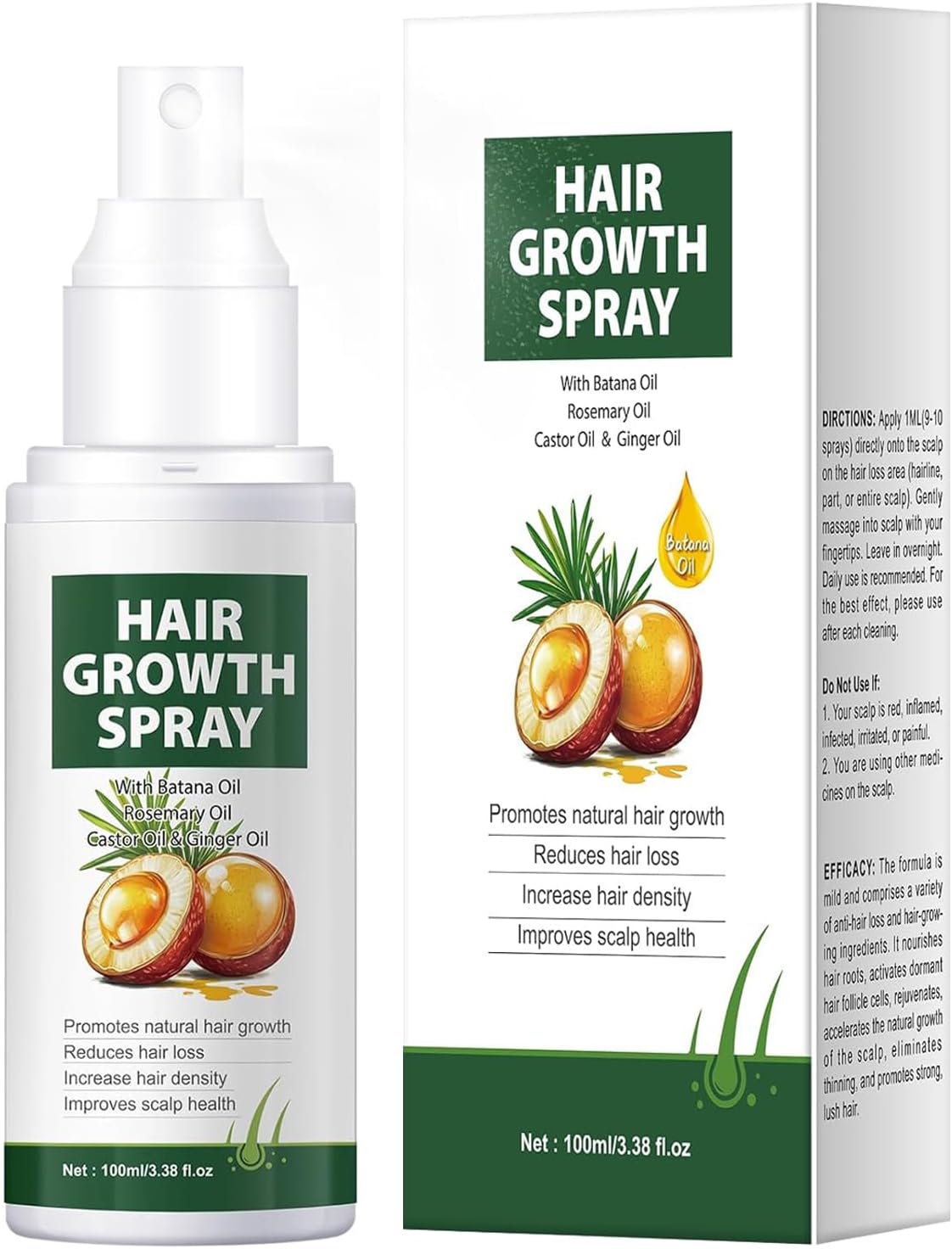 Natural Hair Growth Spray with Batana, Rosemary, Castor and Ginger Oil, Reduces Hair Loss, Promote Growth, Gentle Non-Irritating, Hair Growth Serum for All Hair Types, 3.38 FL.OZ