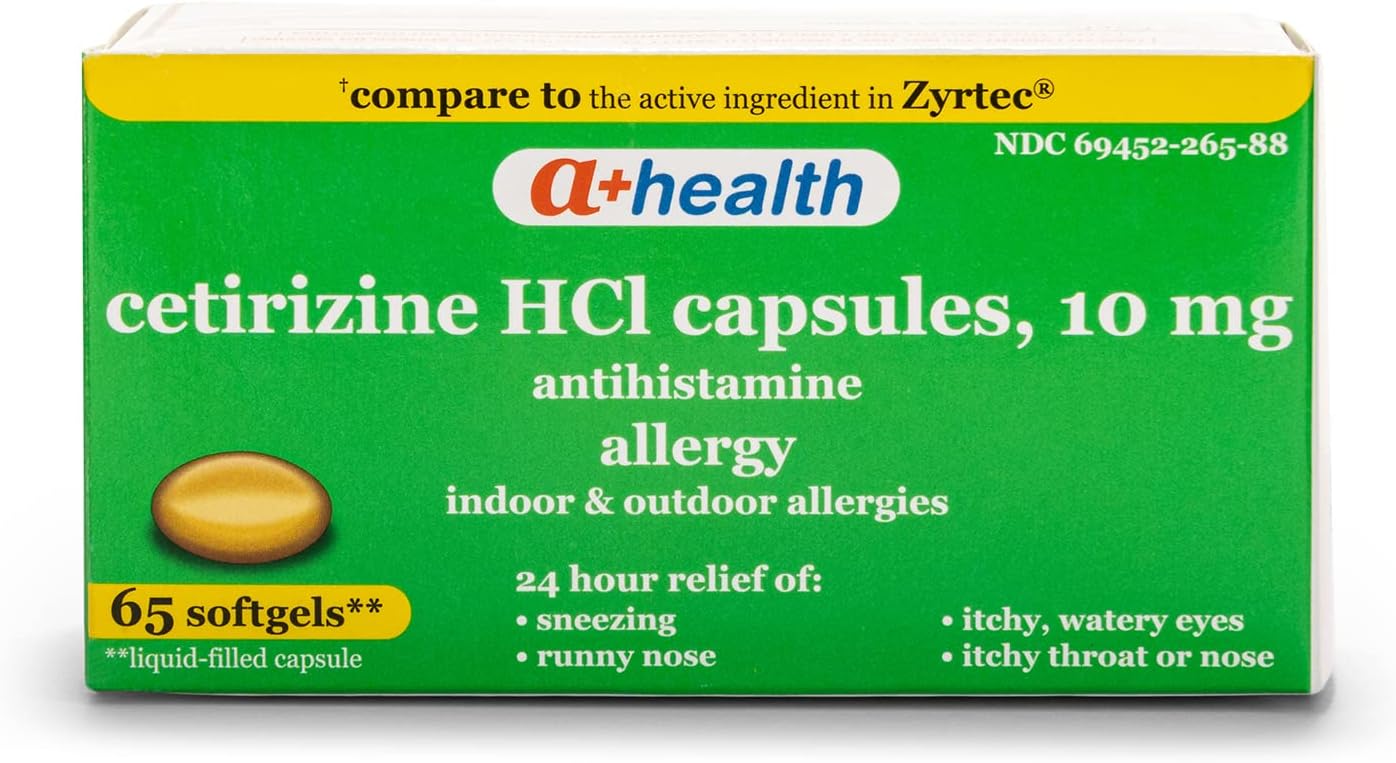 A+Health Cetirizine Hcl 10 Mg Liquid Gels, Antihistamine for 24 Hour Allergy Relief, 65 Count