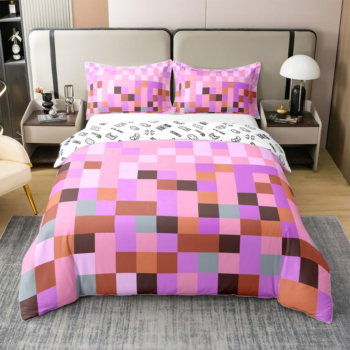 Pixel Grid Theme Duvet Cover Set 100% Cotton Super King Video Gaming Blocks Comforter Cover with 2 Pillowcases Geometric Colorful Plaid Lattice Pink Purple Bedding Set for Bedroom Dcor,No Comforter