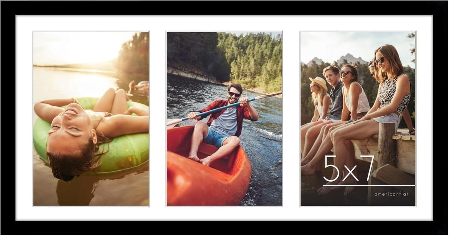 Americanflat 5x7 Picture Frame Collage with Shatter-Resistant Glass - Fits Three 5x7 Photos or Use as One 8x16 Picture Frame - Signature Collection - Collage Frames for Tabletop and Wall - Black