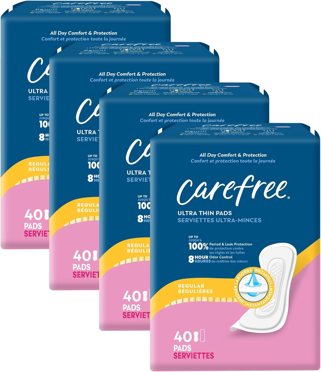 Carefree Ultra Thin Pads for Women, Regular Without Wings, 160ct (4 Packs of 40ct) | Feminine Care, Period & Postpartum Pads