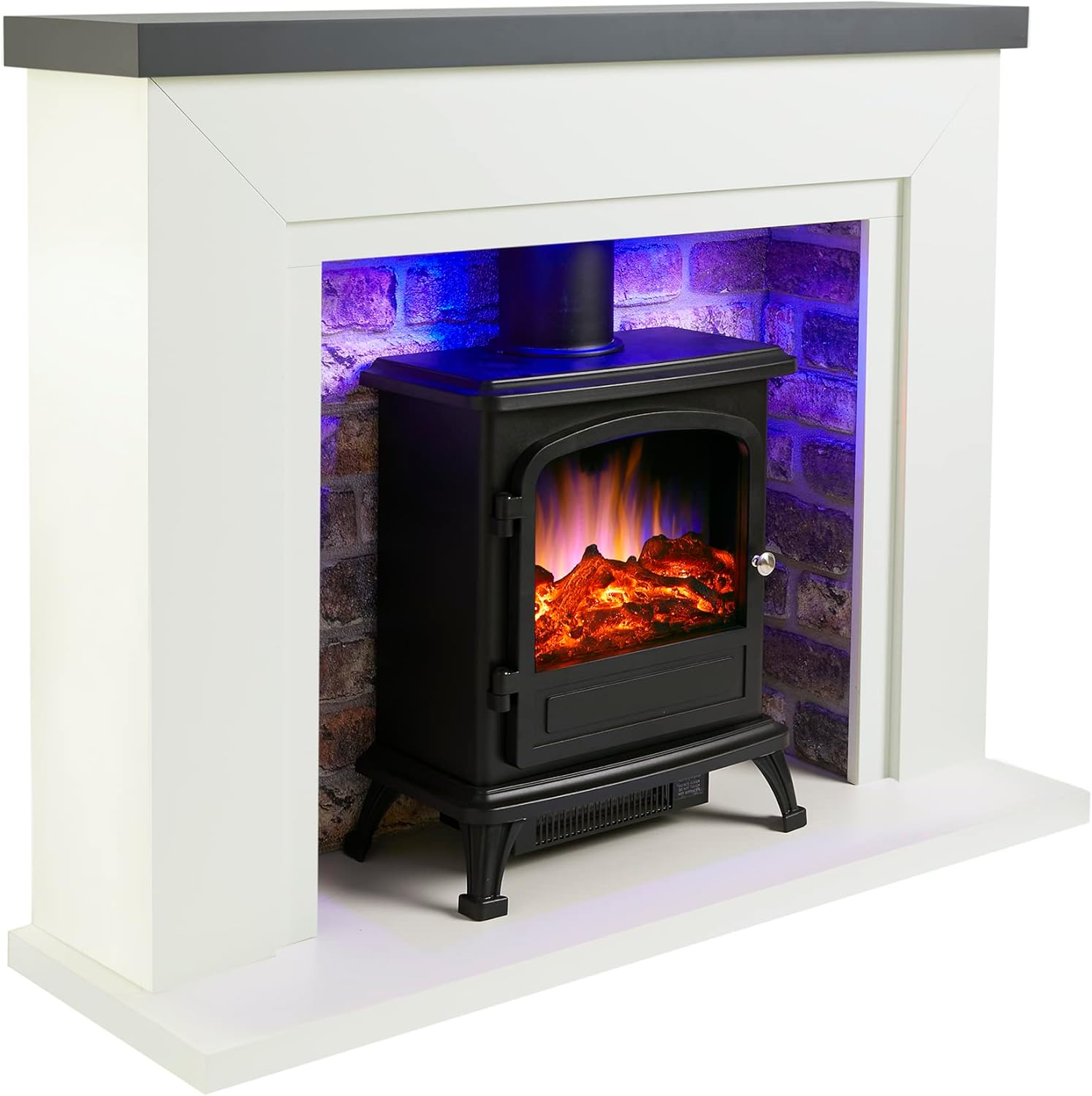 Endeavour Fires Farlington Electric Fireplace, Black Log Burner Stove in 48’’ Off White Surround, LED Downlights with Remote Control (Grey Top/Rustic Brick)