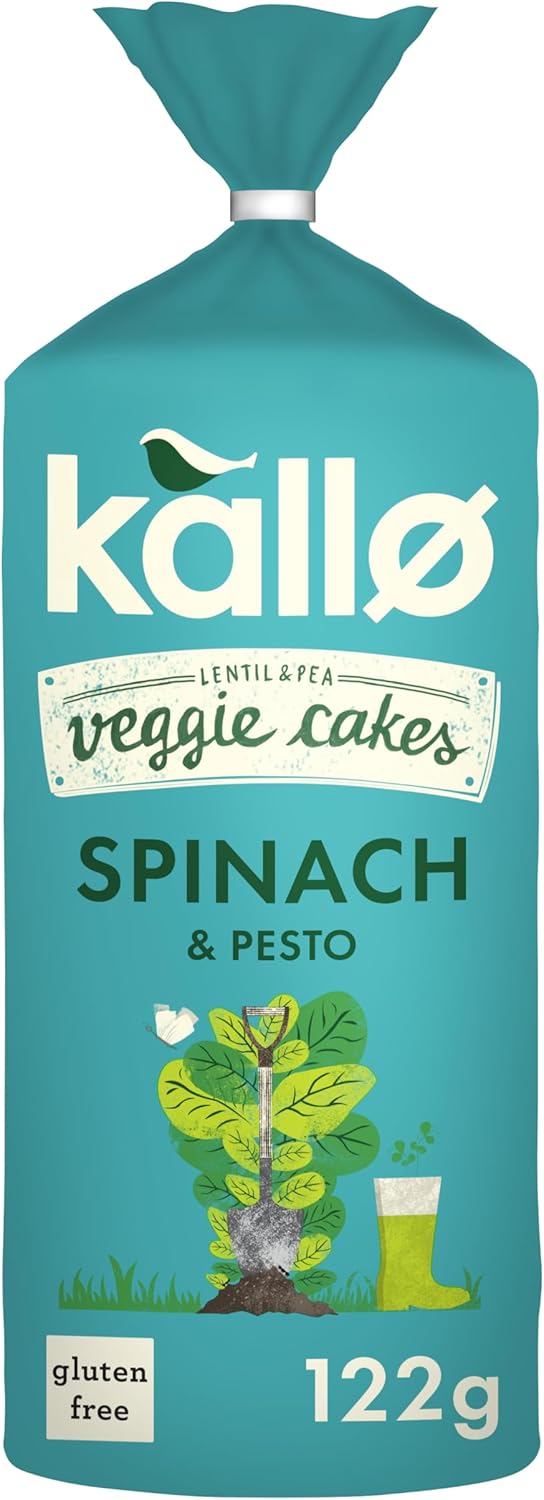 Kallo Spinach & Pesto Veggie Cakes, Lentil & Pea Puffed Crackers Made From Plants, Low Fat Healthy Snacks for Adults & Children, Vegan Friendly, Gluten Free, No Artificial Flavours
