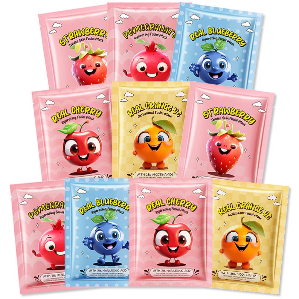 Kaely 10 Pack Fruit Face Masks for Kids, Kids Face Mask Spa Day kit Supplies, Spa Party Favors for Teens Girls Women, Sheet Facial Mask Skincare Gifts Set, Moisturize Soothe for All Skin Types, 03