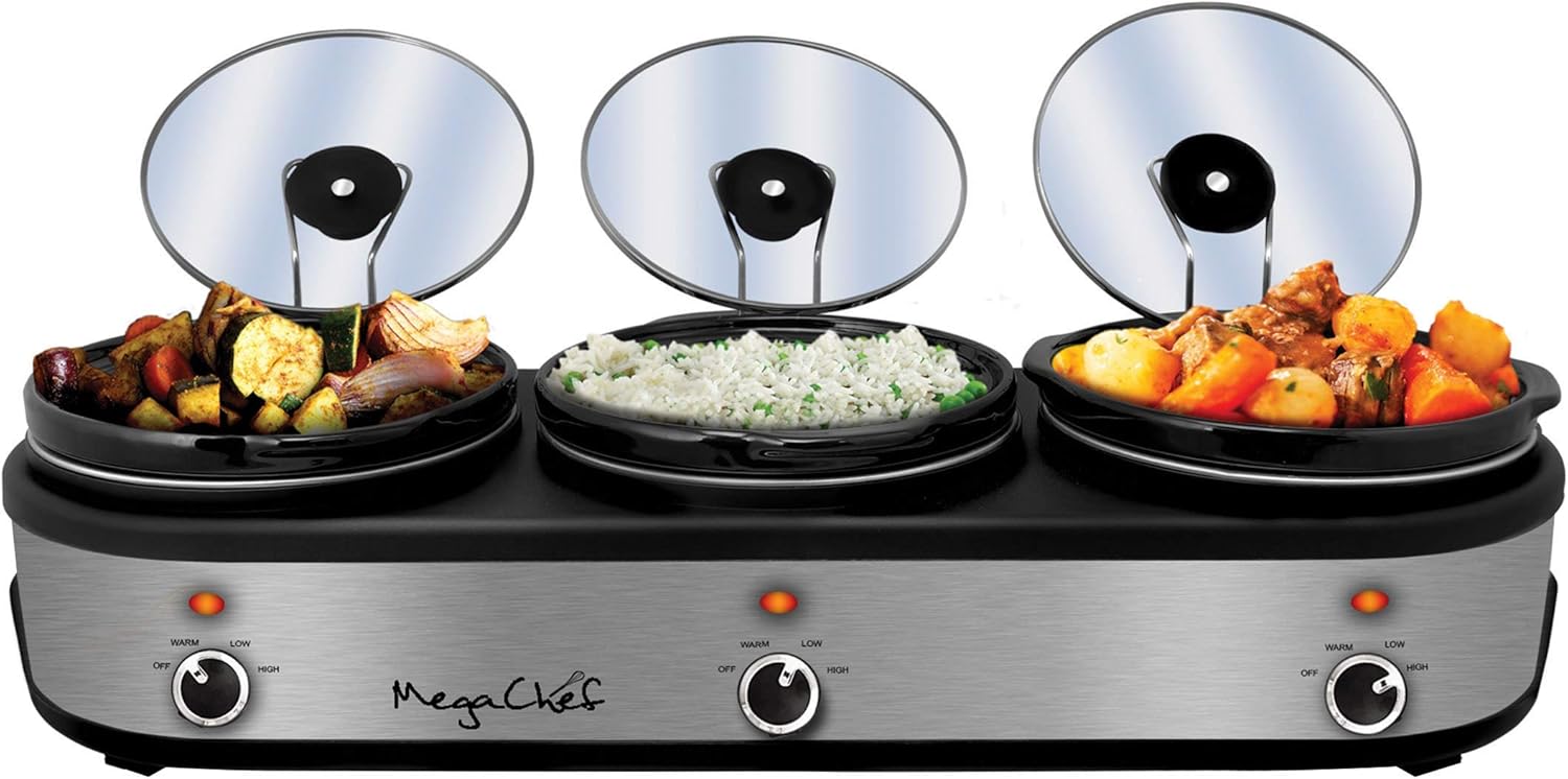 MegaChef Warmer Elite 2.5 Quart Slow Cooker and Buffet Server in Brushed Silver and Black Finish with 3 Ceramic Cooking Pots and Removable Lid Rests