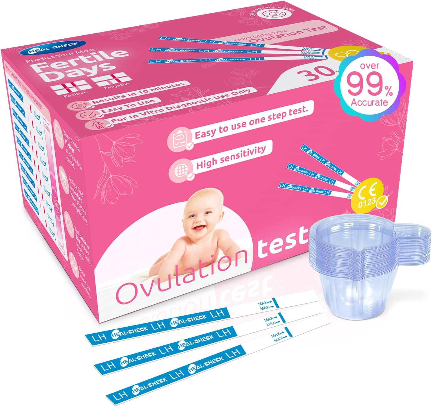 Ovulation Tests with Cups, Bulk Ovulation Test Strips for Women, HEAL-CHECK Ovulation Predictor Kit, Accurate Fertility Tests for Home, Individually Wrapped 5mm LH Strips FSA HSA Eligible 30 Count