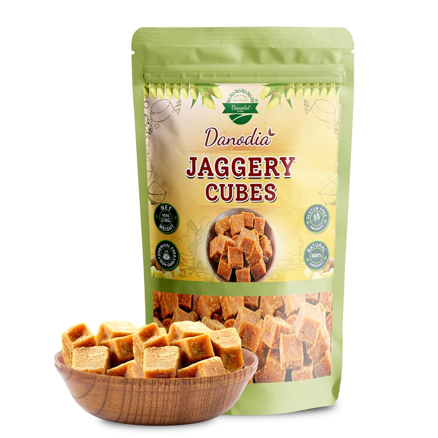Danodia Foods Organic Brown Jaggery Cubes 1 lb (450g) | Pure & Natural Sugarcane Sweetener | No Additives or Anti-Caking Agents | Ideal for Tea, Milk, Desserts & Baking | Traditional Indian Jaggery Blocks