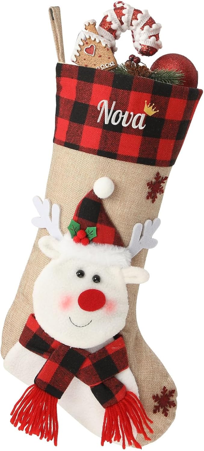 Personalized Christmas Stockings with Embroidered Name Monogram - 18" Large Custom Christmas Stocking - Reindeer Design - Perfectly Plaid Xmas Family Stocking for Mantle and Christmas Party Decoration