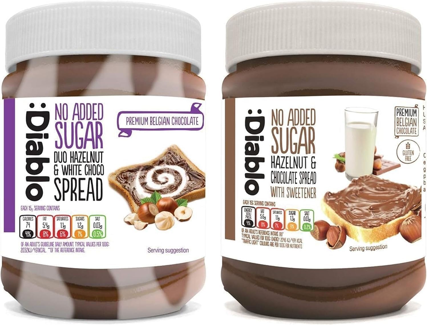 Diablo No Added Sugar Spread 350g(Duo Hazelnut & White Chocolate and Hazelnut)