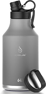 IDEUS Insulated Stainless Steel Water Bottle with 2 Leak-Proof Lids, Thermal Water Flask for Hiking Biking, 64oz, Gray