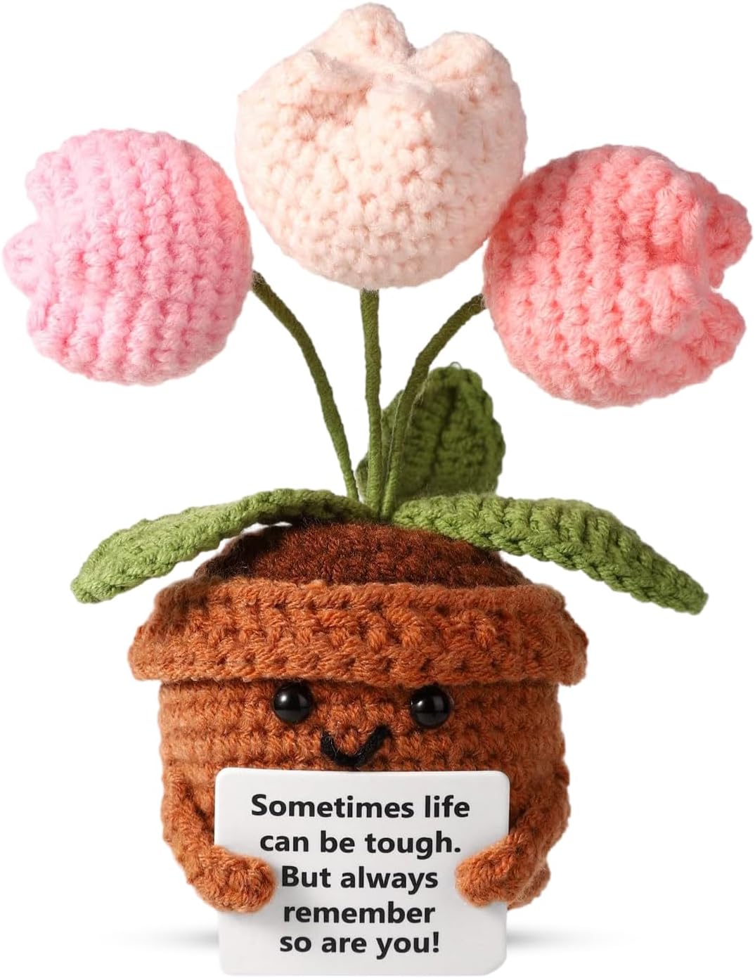 Huipalon Emotional Support Gift Knitted Flowers Pink Lily of the Valley Crochet Emotional Support Plant Positive Gifts with Encouraging Card Handmade Emotional Support Plush for Women