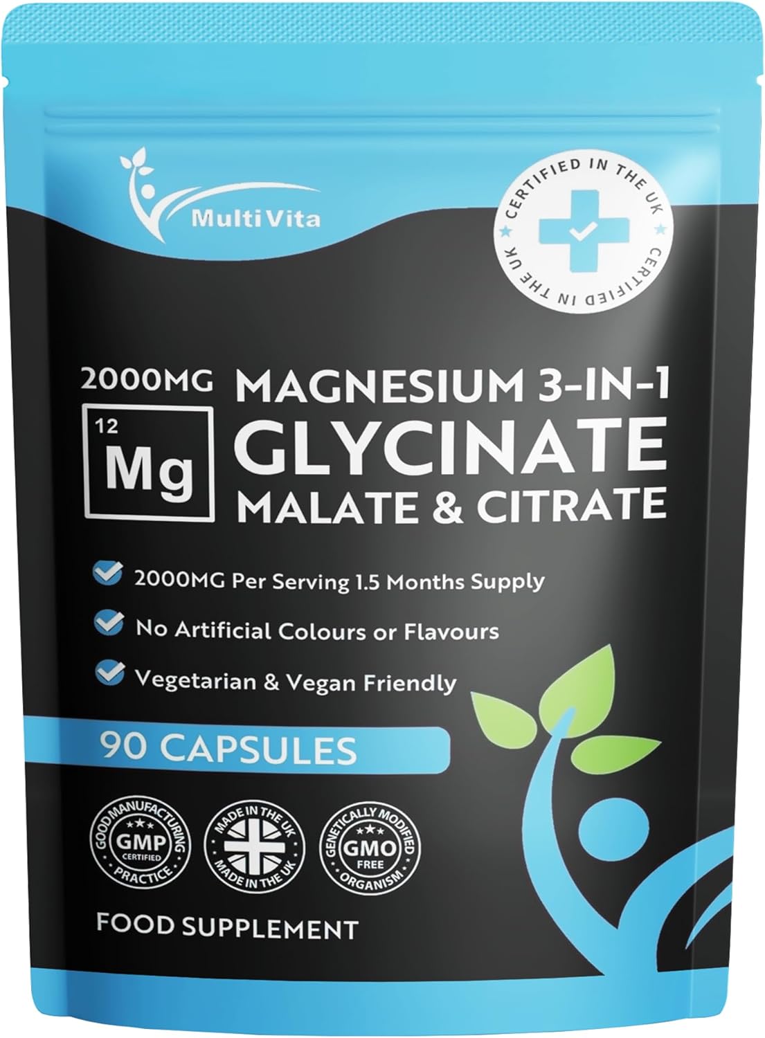 Magnesium Glycinate 3-in-1 Complex 2000mg – Triple Magnesium Blend with Bisglycinate, Malate & Citrate – 425mg Elemental – 90 Vegan Capsules – High Strength & High Absorption – UK Made Supplement