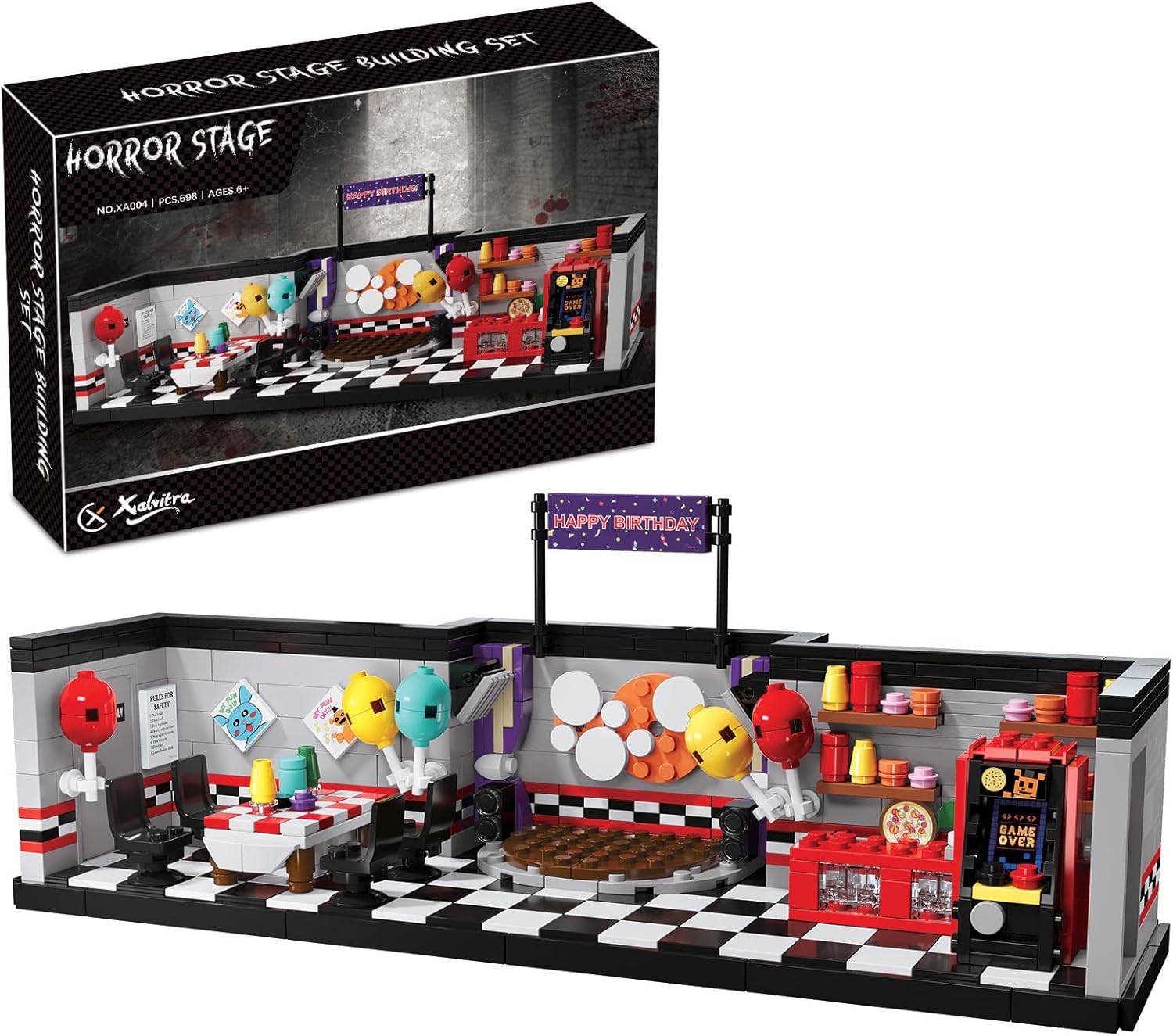 Five Nights Pizzeria Stage Building Blocks Set, Monster Classic Horror Game Halloween Creative Festival Bricks Kit Toys Gifts Merch, Suitable for Fans Boys Girls Kids