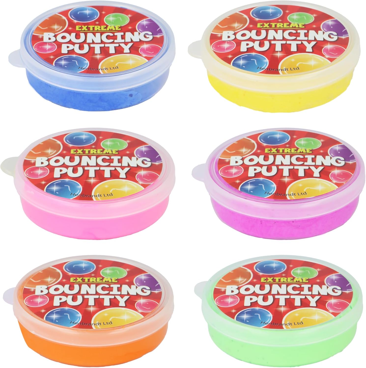 Henbrandt 1 x Bouncing Putty Tubs for Kids 6 Pack with 6 Assorted Colours Mini Slime Bounce Putty Party Bag Favours Loot Bag Fillers Lucky Dip Favours Stocking Fillers for Boys and Girls