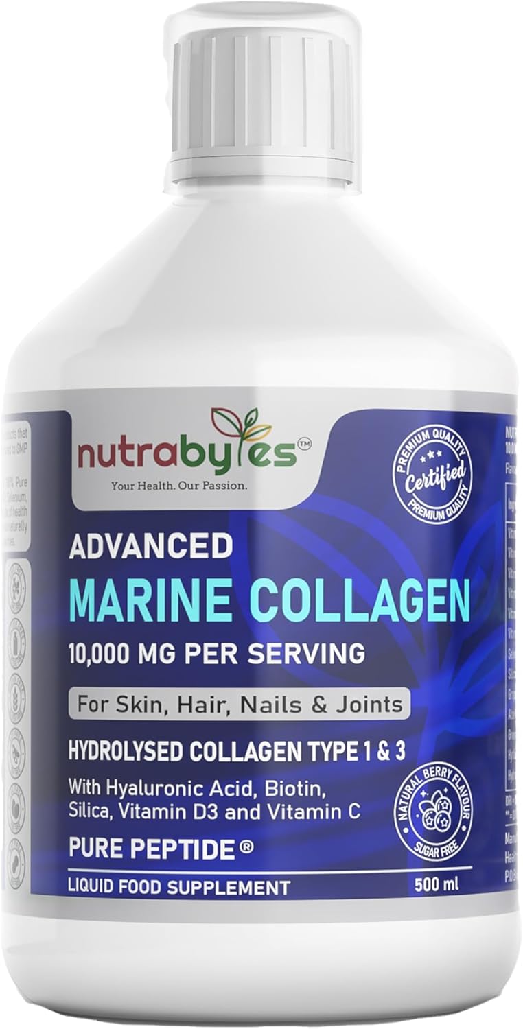 Marine Collagen Liquid 10000mg | Sugar Free | Hydrolysed Collagen Peptides | Hyaluronic Acid, Biotin, Silica, Vitamin C, Vitamin D3 | Skin, Hair, Nails | Liquid Collagen Supplement for Women & Men