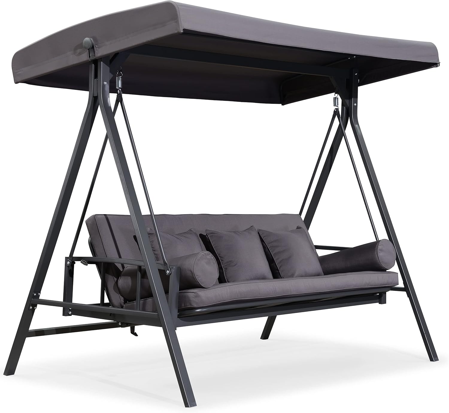 PURPLE LEAF Outdoor Patio Porch Swing Adjustable Backrest, 3-seat Swing Chair with Weather Resistant Steel Frame for Backyard Front Porch Lawn, Cushion and Pillows Included, Grey