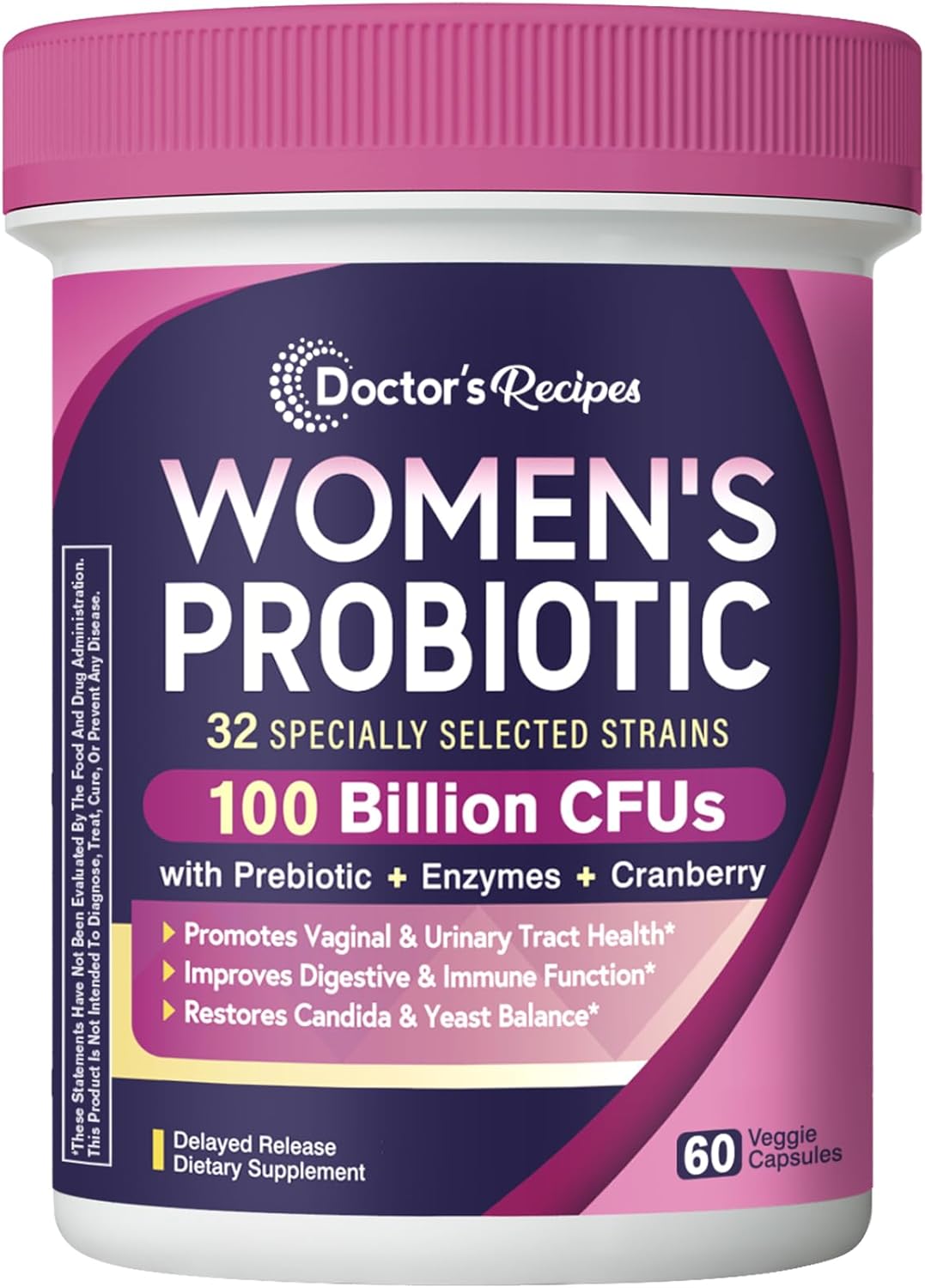 Doctor's Recipes Probiotics for Women, 100 Billion CFU 32 Strains, with Prebiotic Fiber, Enzymes & Cranberry, Vaginal Urinary Digestive & Immune, No Yeast, Shelf Stable, Delayed Release, 60 Caps